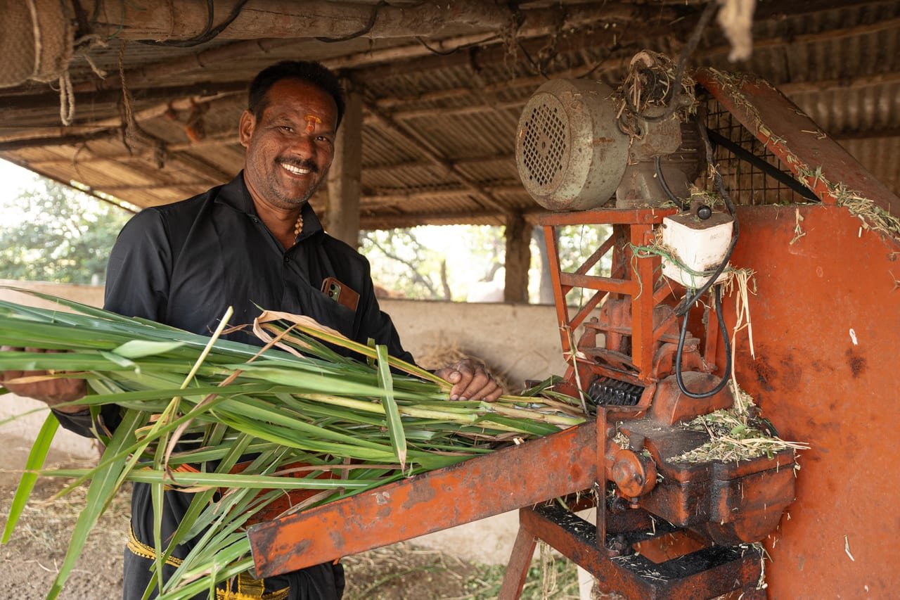 A smiling farmer feeding green fodder into a chaff cutter under a shed