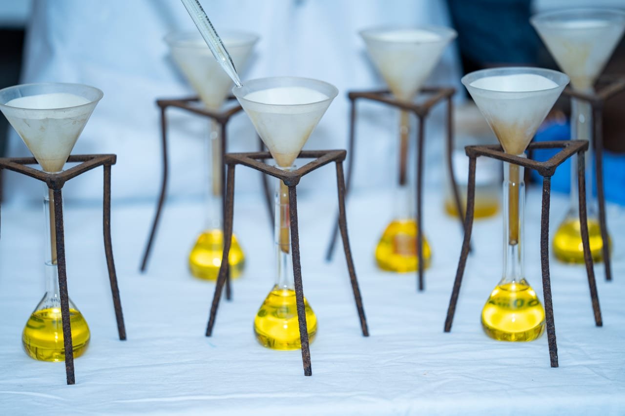 Glass filter funnels draining yellow extracts into flasks on a laboratory bench